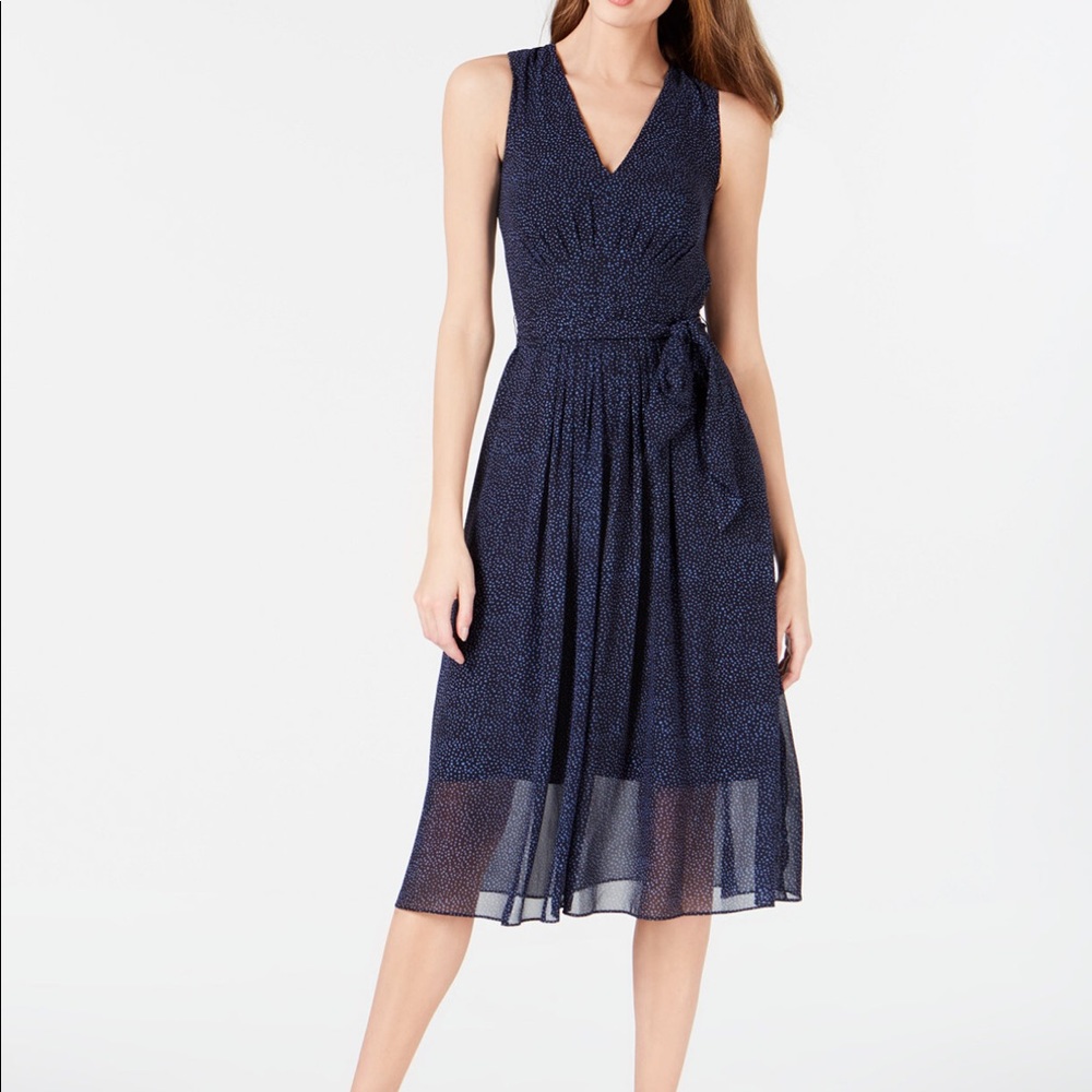 Anne Klein Dot Pront Belted Midi Dress 8 navy Blue